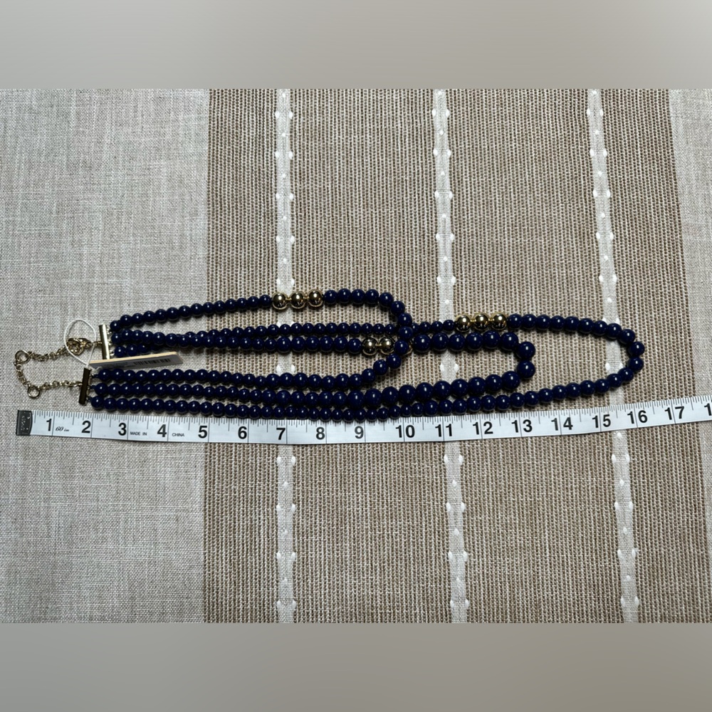 NWT Elegant 3-Strand Ann Taylor Navy Blue and Gold Beaded Necklace - Picture 6 of 7